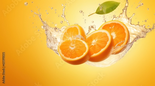  a group of oranges falling into water with a green leaf.  generative ai