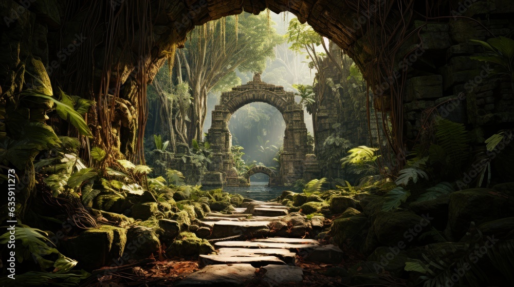 A tropical jungle with a open door in middle, HDR, A tropical jungle with a open door in middle, HDR,