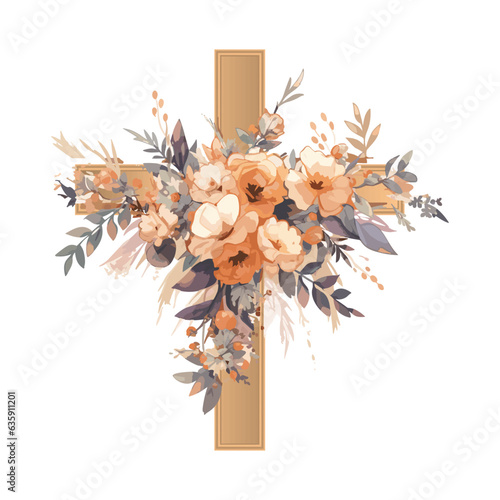 Watercolour flower cross. Graphic Easter Cross Clipart, Spring Floral Arrangements, Baptism Crosses DIY Invitation. Vector illustration EPS10
