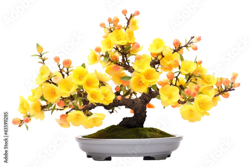 yellow apricot blossom bonsai with flowers, isolated on white background PNG