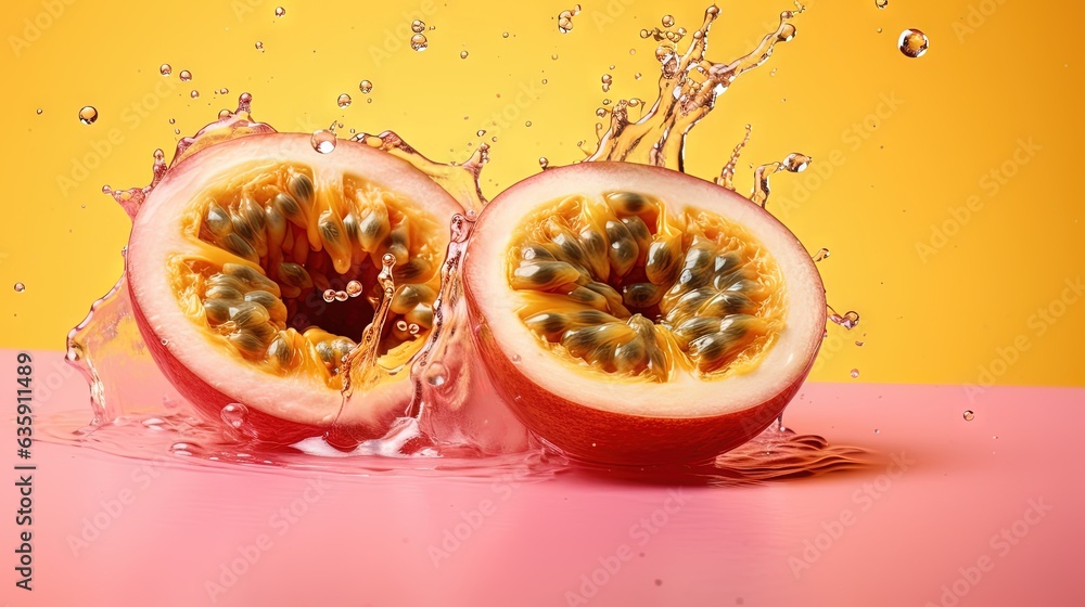 a cut in half passion fruit with water splashing on it. generative ai a cut in half passion fruit with water splashing on it. generative ai