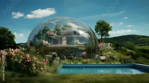 Futuristic house with a glass dome in the countryside. Environmental conservation modern architecture of the future, way of life concept