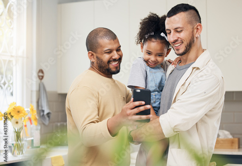 Selfie, blended family and a girl with her lgbt parents in the kitchen together for a social media profile picture. Adoption photograph, smile or love and a daughter with her gay father in the home