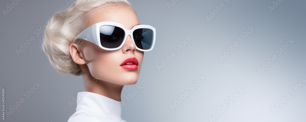Close-up beauty portrait of a young blonde woman wearing sunglasses on a light background - obrazy, fototapety, plakaty 