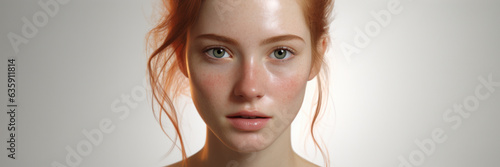 Close-up beauty portrait of a young redhead woman with freckles on a light background