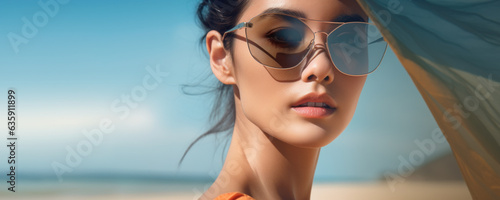 Close-up beauty portrait of a young asian woman on the beach wearing sunglasses on a blue background