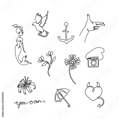 Small flash tattoo set, sticker design pack, continuous line drawing, tiny icons, abstract print for clothes and logo, emblem, nail design, isolated vector illustration.