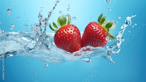  two strawberries floating in water with splashes of water. generative ai
