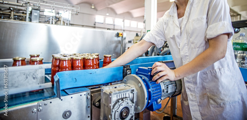 The working process of production of tomatoes to canned food and vegetable factory. Workers on the production of canned food. Processing tomato. Sicily Italy.