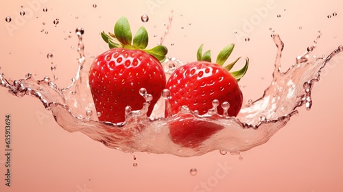  two strawberries are splashing into the water on a pink background.  generative ai