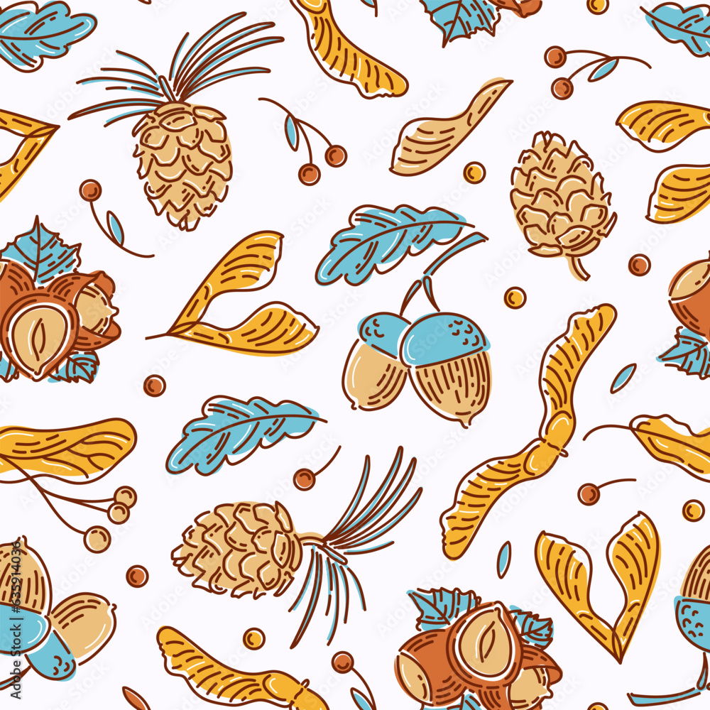 Hello, Autumn. Seamless pattern from nuts and seeds. Acorns with leaves, cedar cone, linden seeds, hazelnuts, maple lionfish seeds. sketch style. wallpaper, printing on fabric, wrapping, background Hello, Autumn. Seamless pattern from nuts and seeds. Acorns with leaves, cedar cone, linden seeds, hazelnuts, maple lionfish seeds. sketch style. wallpaper, printing on fabric, wrapping, background