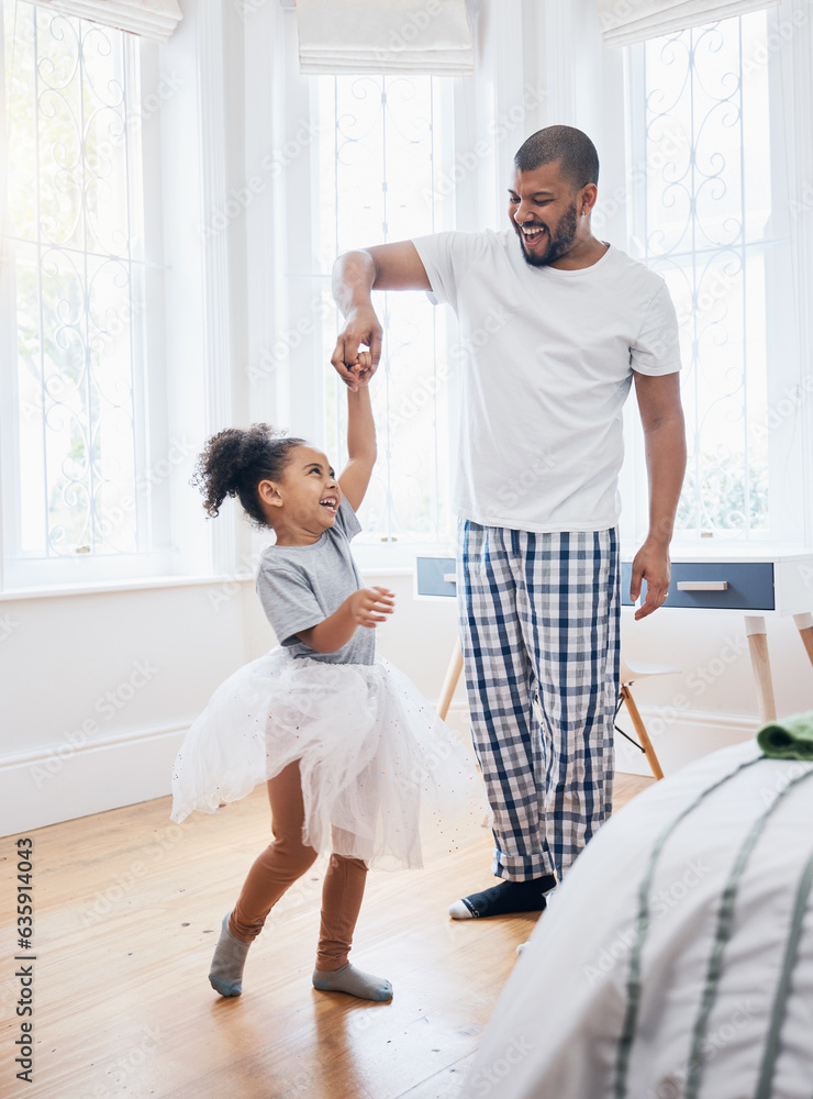 Fototapeta premium Dad, girl and ballet dancing in house, holding hands or help for training, comic smile or tutu in game. Man, kid and laugh for steps, moving and funny for performance, concert or show in family home
