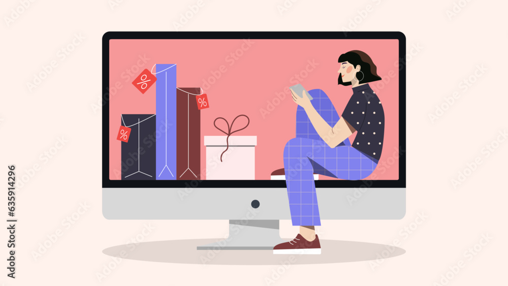 Woman with black friday concept. Young girl with smartphone or tv screen and monitor. Advertising and marketing, electronic commerce. Discounts and promotions. Cartoon flat vector illustration