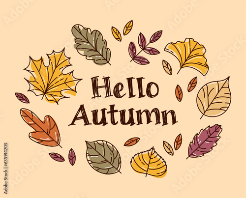 Hello, Autumn. Wreath made of colorful modern autumn leaf. Maple and rowan, ginkgo biloba, Codiaeum, lilac, linden and oak, elm and poplar. sketch style. Frame for stickers, posters, postcards