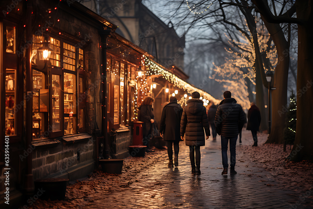 people in winter clothes walking along christmas market with golden lights