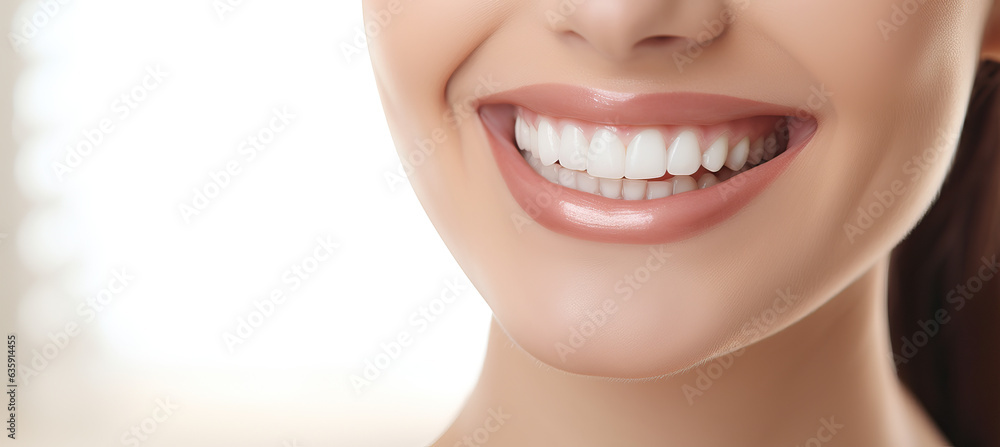Snow-white smile, healthy teeth. Female smile after teeth whitening procedure. Problems of dentistry (Generative AI) Snow-white smile, healthy teeth. Female smile after teeth whitening procedure. Problems of dentistry (Generative AI)