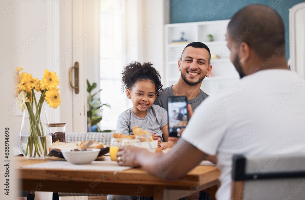 Cellphone, lunch or photo of gay couple, kid and memory picture of bonding happy family in home dining room. Smartphone, photography or child smile with bisexual, queer or non binary dad in apartment Cellphone, lunch or photo of gay couple, kid and memory picture of bonding happy family in home dining room. Smartphone, photography or child smile with bisexual, queer or non binary dad in apartment