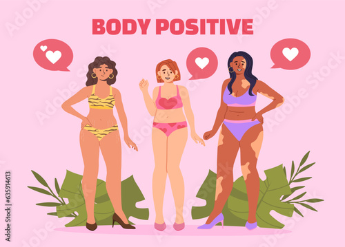 Women with body positive concept. Young girls in swimsuits with hearts and likes. Self acceptance and happiness. Mental health and psychology, optimism. Cartoon flat vector illustration