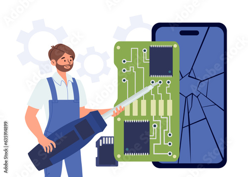 Man with broken phone concept. Young guy with screwer in uniform near large broken smartphone. Repairman and technician with gadget and device, chip. Cartoon flat vector illustration