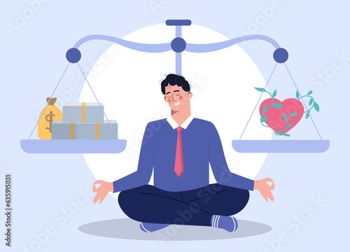 Businessman with scales concept. Young guy in lotus position near weights with heart and money. Work life balance. Health versus career. Inner calmness and balance. Cartoon flat vector illustration