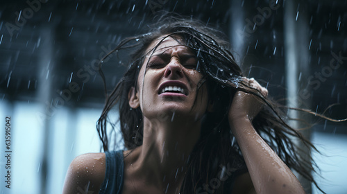 A woman having emotional discharge moment in heavy rain. Filled with Anguish, agony, pain, hopelessness, mental breakdown photo