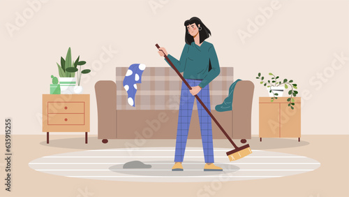 Woman cleaning at home concept. Young girl with mop at apartment or room. Cleanliness and hygiene. Housewife with household chores and routine. Cartoon flat vector illustration