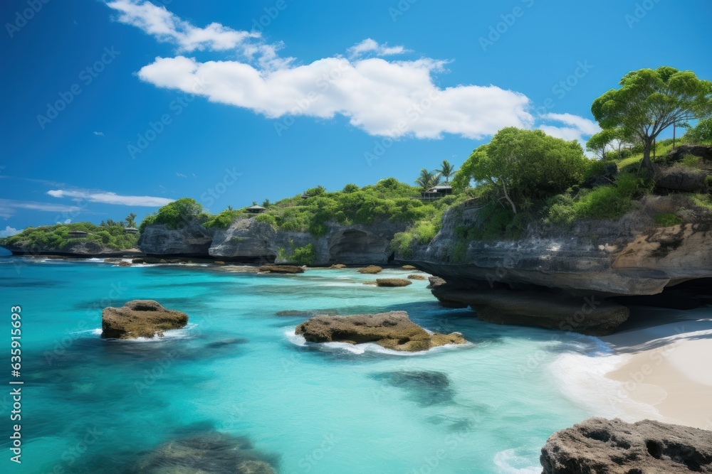 Tropical Beautiful beach with rocks and turquoise sea in Bali
