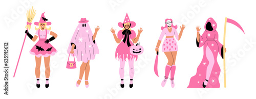 A set of plastic dolls in pink Halloween costumes. Pink girl party. Barbicore