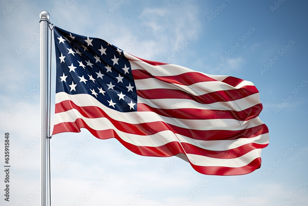 Isolated USA Flag with stars and stripes waving in wind on flag pole against white background Isolated USA Flag with stars and stripes waving in wind on flag pole against white background