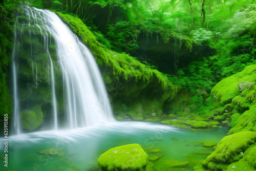 The serenity of a hidden waterfall nestled in a lush valley generative Ai