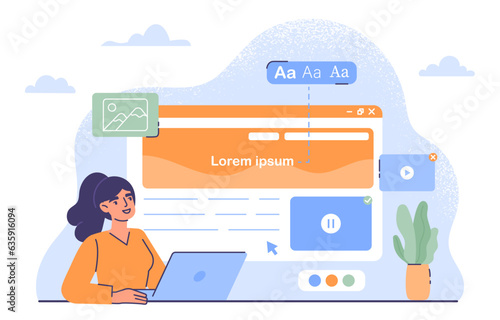 Content manager with laptop concept. Young girl with articles for websites and social networks. Talented author chooses title and picture for webpage. Cartoon flat vector illustration