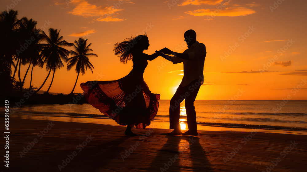 Couple dancing salsa bachata kizomba on the beach at sunset AI image ...