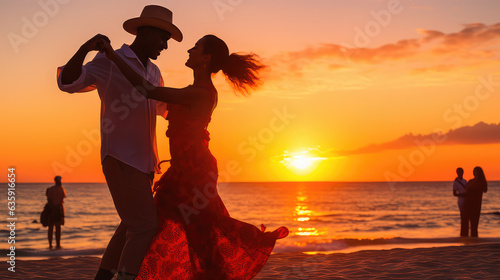 Couple dancing salsa bachata kizomba on the beach at sunset AI image