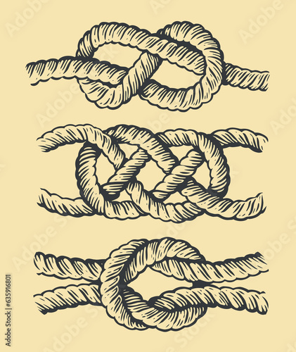 Set of ship rope knots. Vintage sketch vector illustration in engraving style