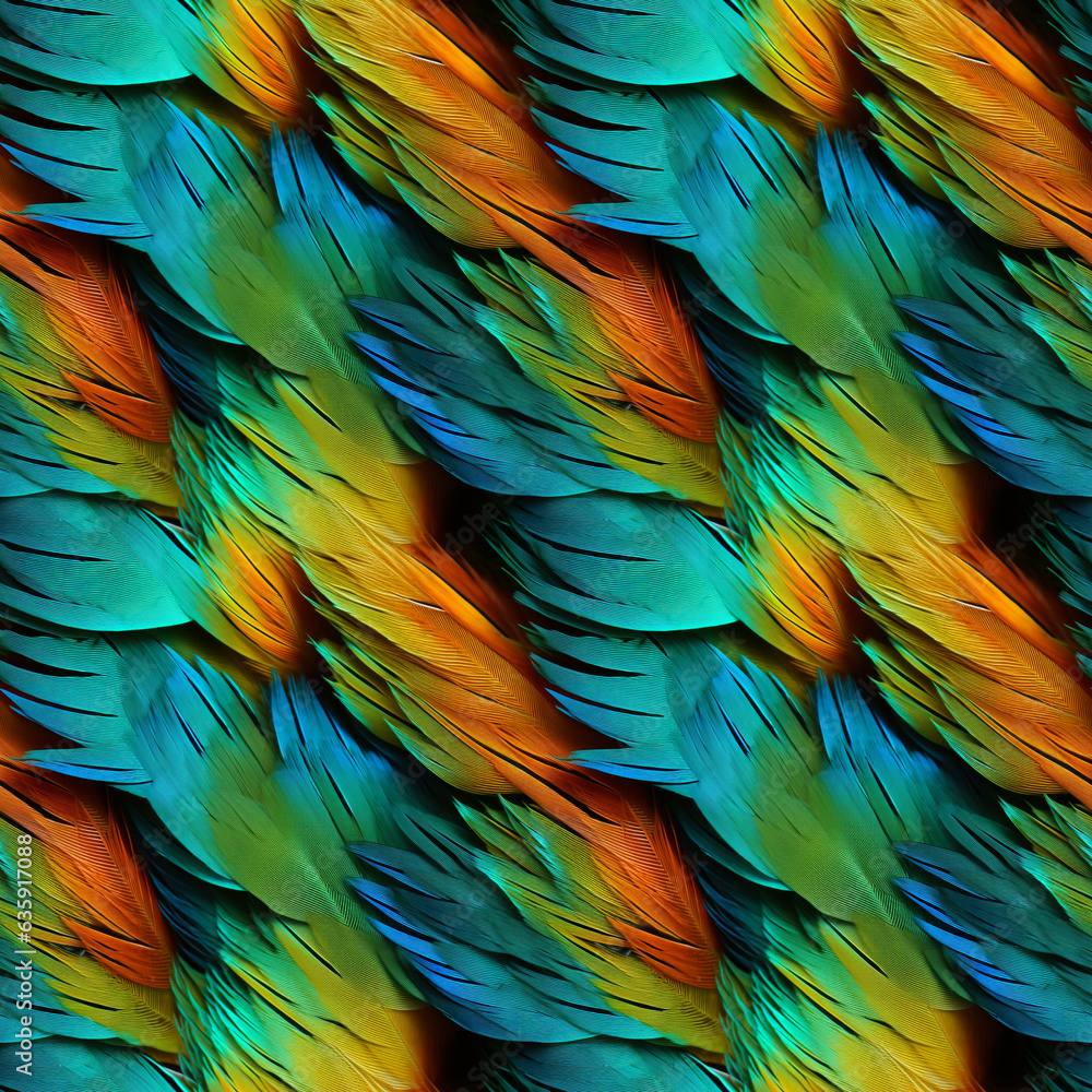 Obraz premium Colorful bird feather background. Photorealistic seamless pattern. Blue and orange ruffled feathers of a parrot. AI-generated