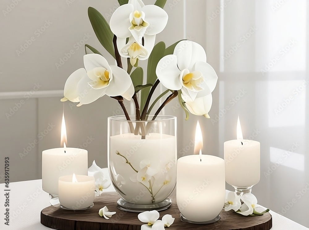 Orchid and Candle Home Decor Infusing Tranquility and Wellnes - obrazy, fototapety, plakaty 