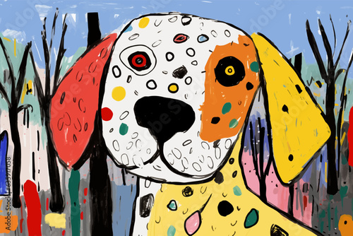 Close-up face of a sad stray puppy outside on the street. Childish gouache painting of a miserable animal