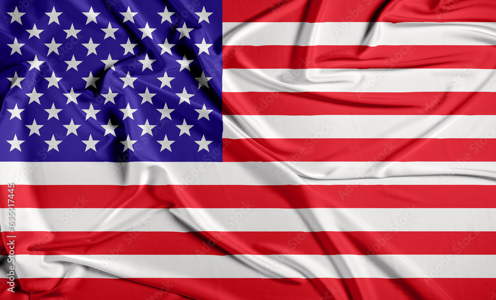 Fototapeta premium Flag of USA or United States of America vector background. American national banner of Stars and Stripes with waving silk fabric effect