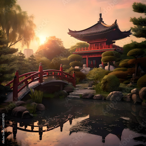 japanese tea house  pavilion in a japanese garden  at sunset - generative ai
