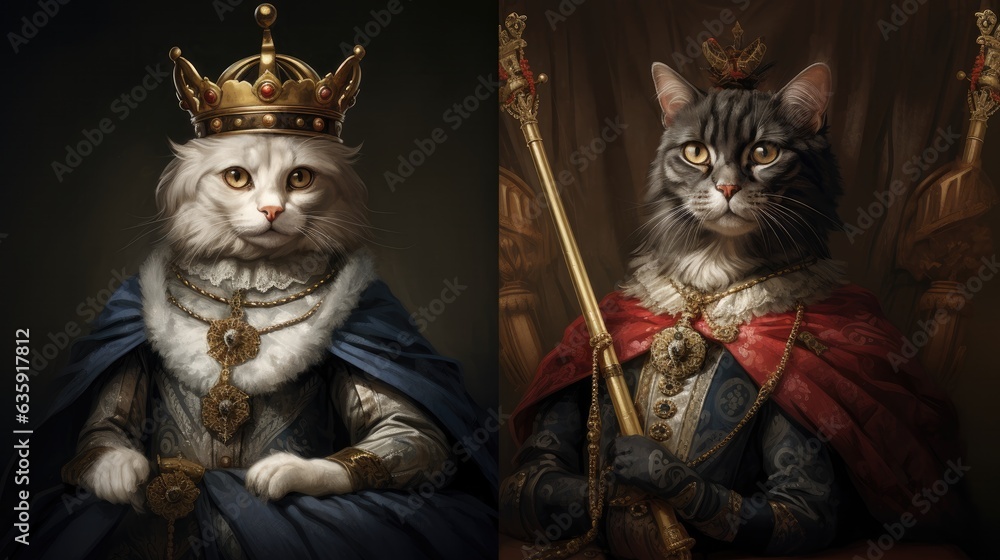 Double portrait, Animals, Cats, Crown, Dressed, Ruler, King, Prince ...