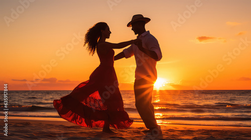 Couple dancing salsa bachata kizomba on the beach at sunset  AI image photo