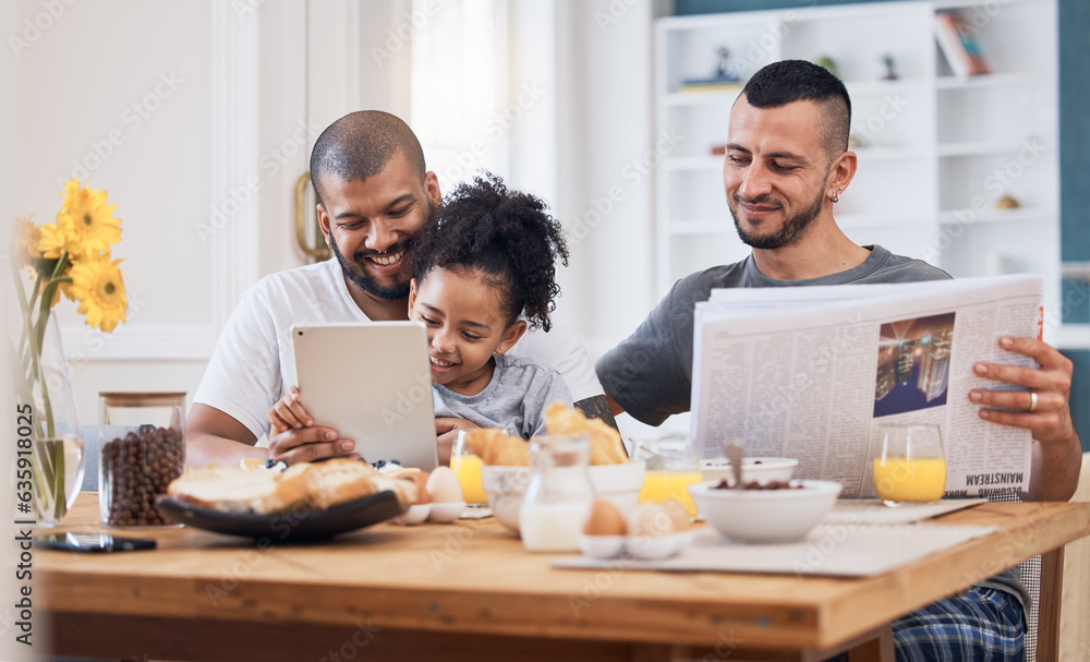 Gay couple, breakfast and happy family child with tablet, online story and reading ebook, watch video and relax with dad. App game, happiness and young youth kid bonding with homosexual papa at home Gay couple, breakfast and happy family child with tablet, online story and reading ebook, watch video and relax with dad. App game, happiness and young youth kid bonding with homosexual papa at home