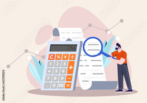 Man with income calculation. Guy with magnifying glass near financial bill and calculator. Accumulation and budgeting, accounting. Estimation of expenses and income. Cartoon flat vector illustration