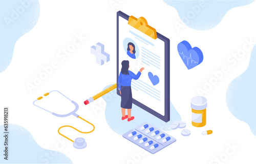 Woman with medicine and healthcare. Young girl near document and contract. Diagnosis and treatment. Character near pills and tablets. Stethoscope and pencil. Cartoon isometric vector illustration
