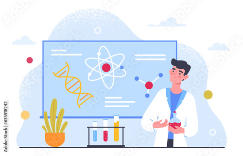 Medical researcher with flasks concept. Man in medical uniform near molecule structure. Physics and chemistry. Scientific research and experiments in laboratory. Cartoon flat vector illustration