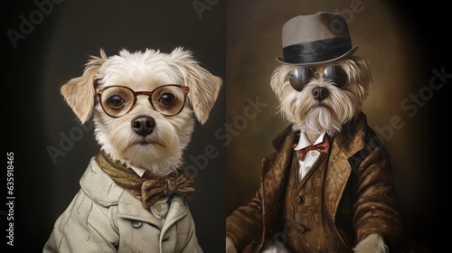 3d ironic poodle family portrait, dog, couple, 1800, grandfather, grandson. FELINE GENERATION. Grandfather Dog with dark sunglasses, hat, brown clothes and his grandchild with eyeglasses, bowtie photo
