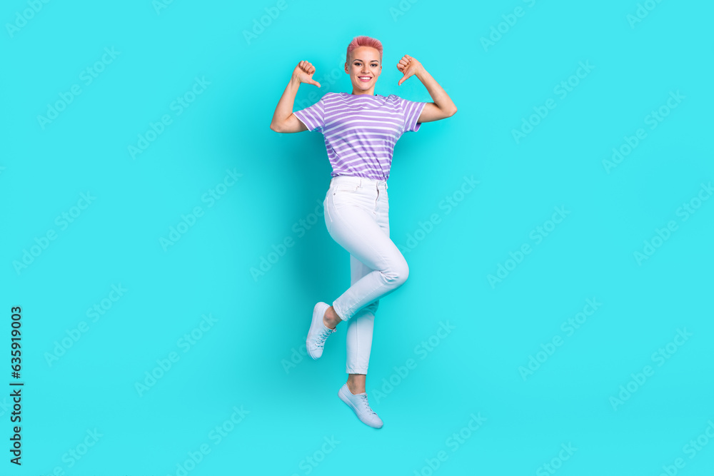 Full body photo of jump carefree girl pink hair leader fingers herself personal branding success champion isolated on blue color background