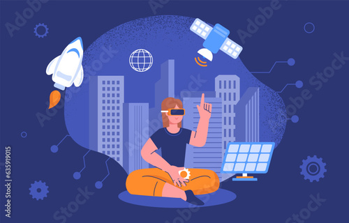 Woman with connected world concept. Young girl in vr glasses near satellite and rocket. Modern city, infrastructure and architecture. Wifi and internet, metaverse. Cartoon flat vector illustration