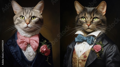 3D ironic portrait, couple, felines, cats, dressed, noble, aristocrat, 1800. VERY DISTINCT CATS. Blue, pink bowtie indicating the sex of the animal. Flower, distinctive symbol of noble membership photo