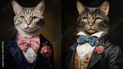 3D ironic portrait, couple, felines, cats, dressed, noble, aristocrat, 1800. VERY DISTINCT CATS. Blue, pink bowtie indicating the sex of the animal. Flower, distinctive symbol of noble membership